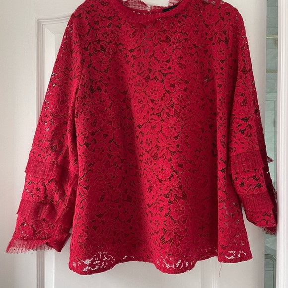 J. Crew Red Lace Top with Tulle Ruffle 2X $128 - Picture 4 of 10